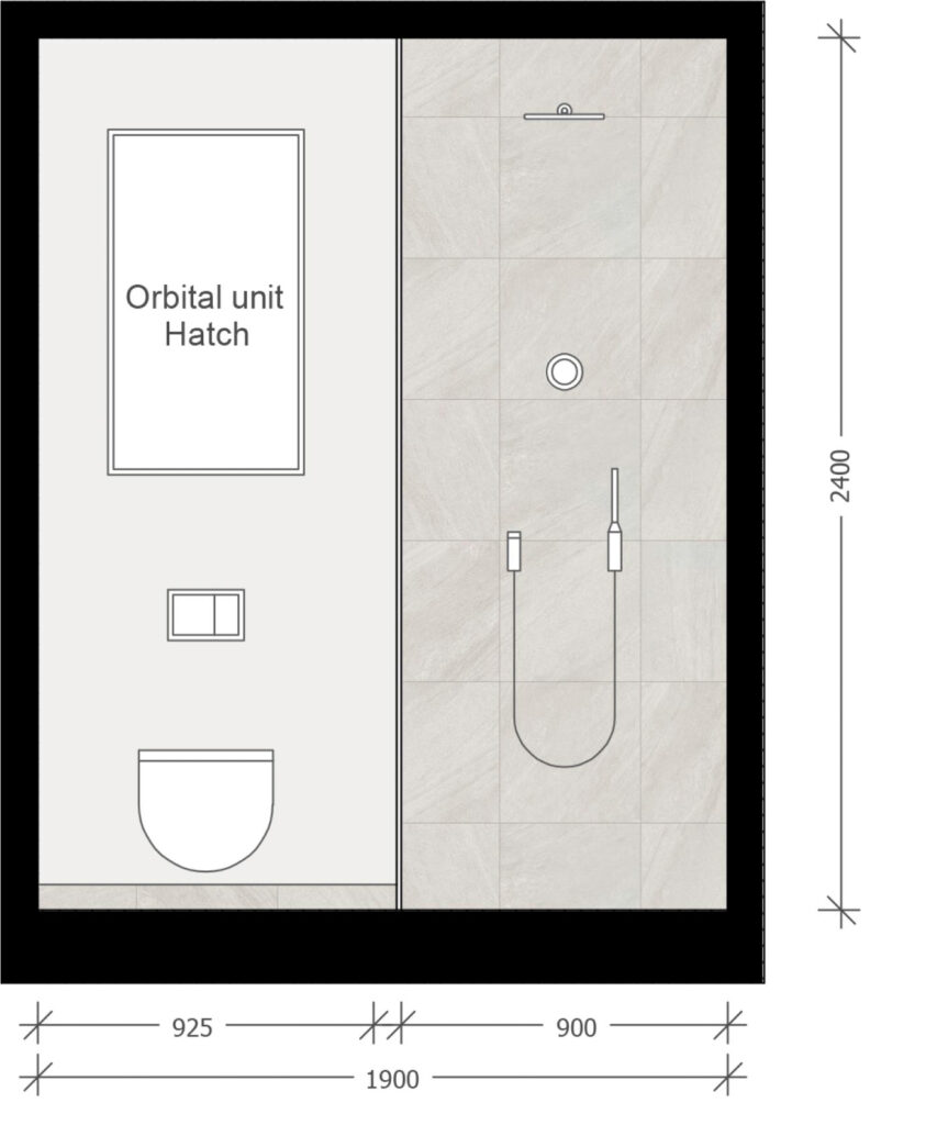 Tegning af bad og toilet